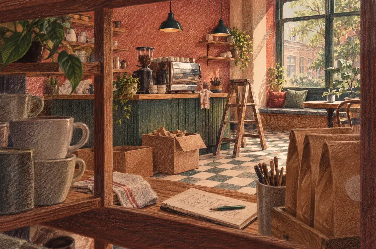 Illustration of cafés and their working space