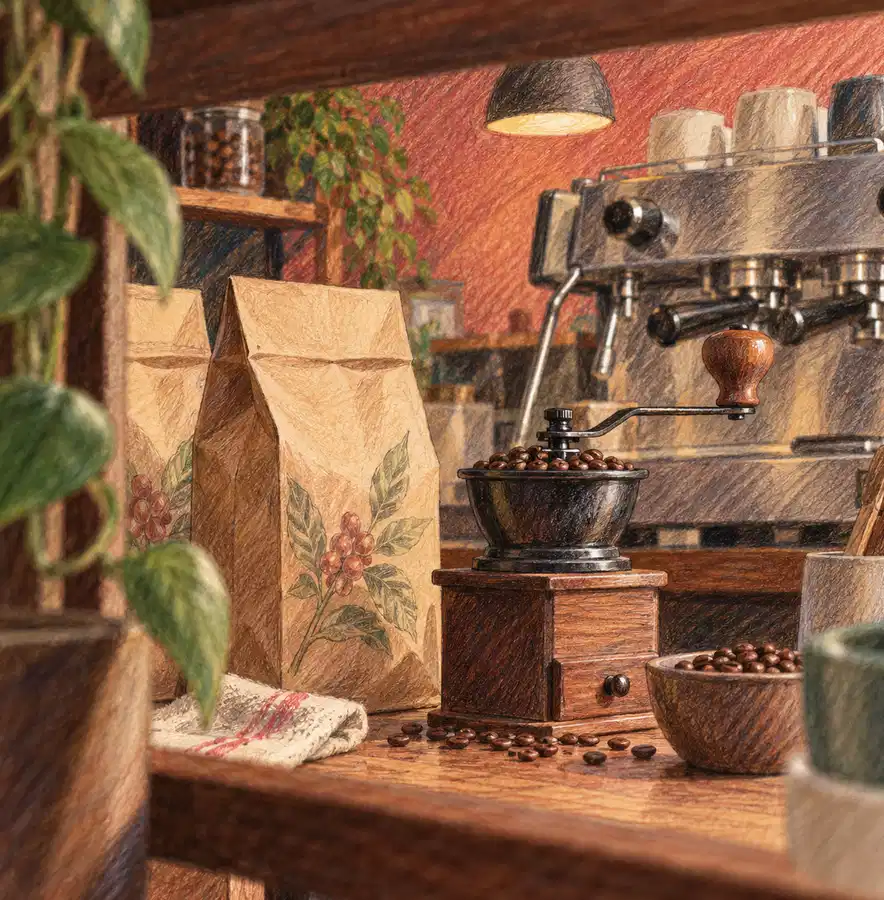 Illustration of cafés equipment and workspace